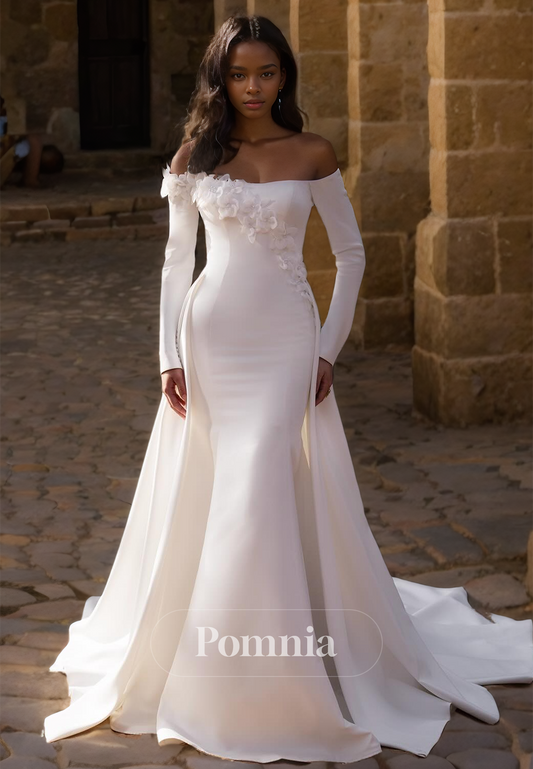 Charming Long Sleeves Off-Shoulder Court Train Backless Mermaid Satin Wedding Dress