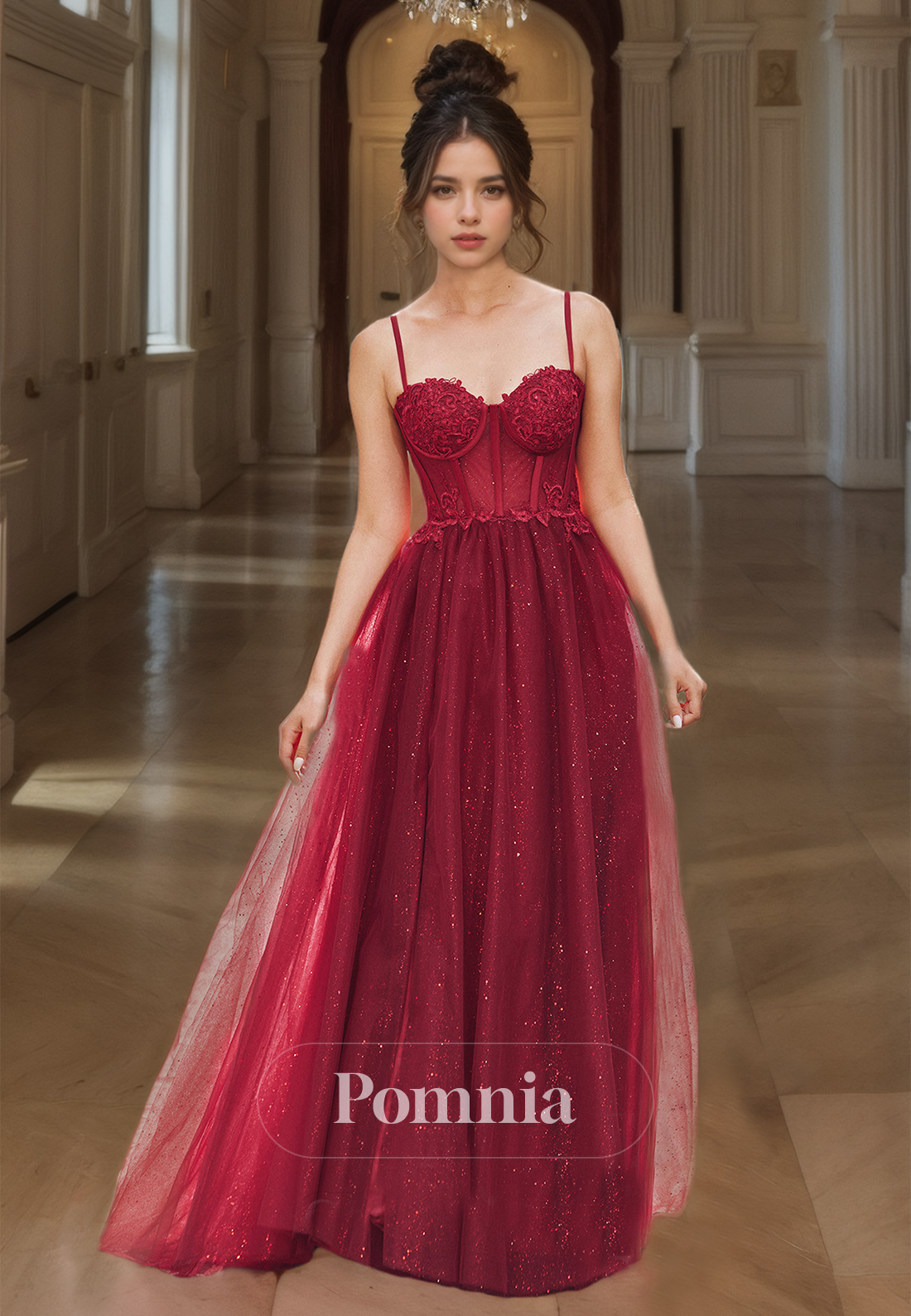 Gorgeous A-Line Spaghetti Straps Burgundy Long Prom Dress with Appliques Party Evening Dress