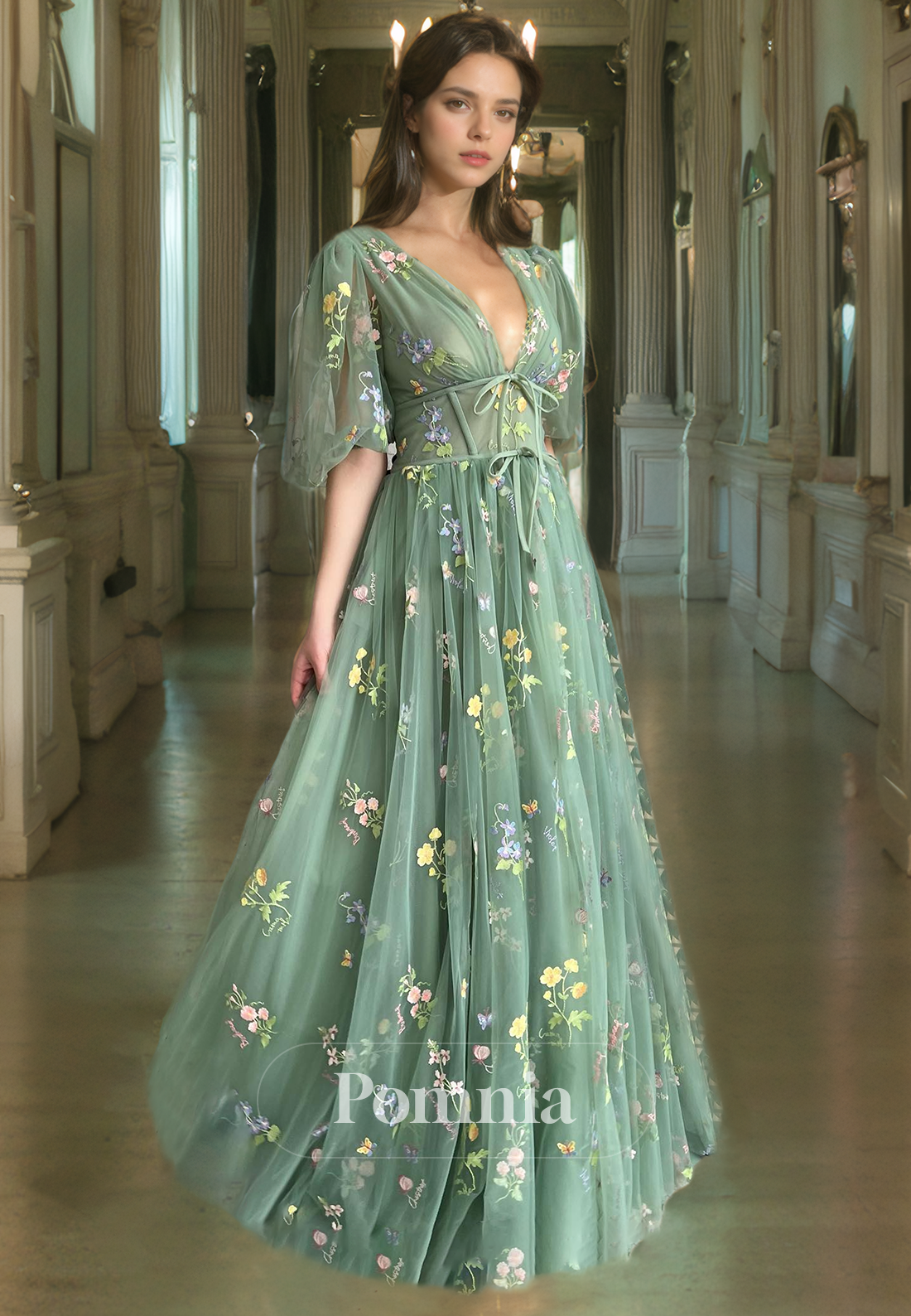 A-Line Floral Empire-Waist Half Sleeves Appliques V-Neck Long Prom Dress