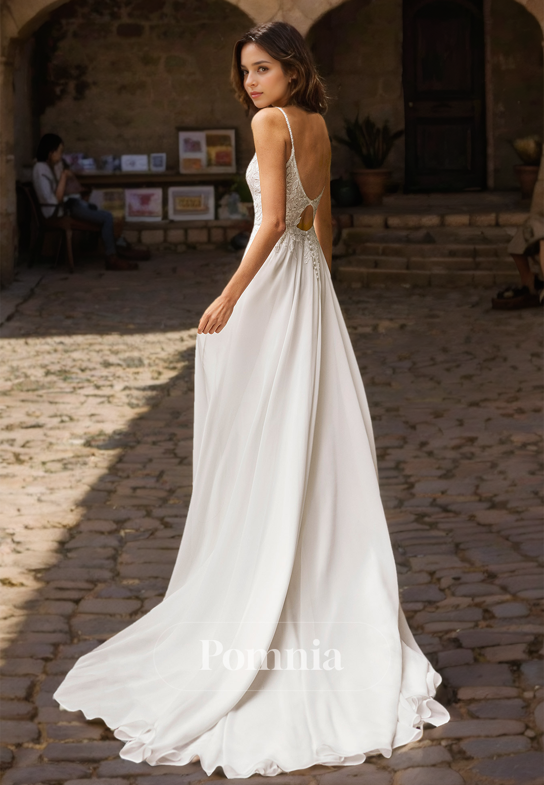 Elegant V-Neck Spaghetti Straps Empire-Waist Side Slit Satin Wedding Dress