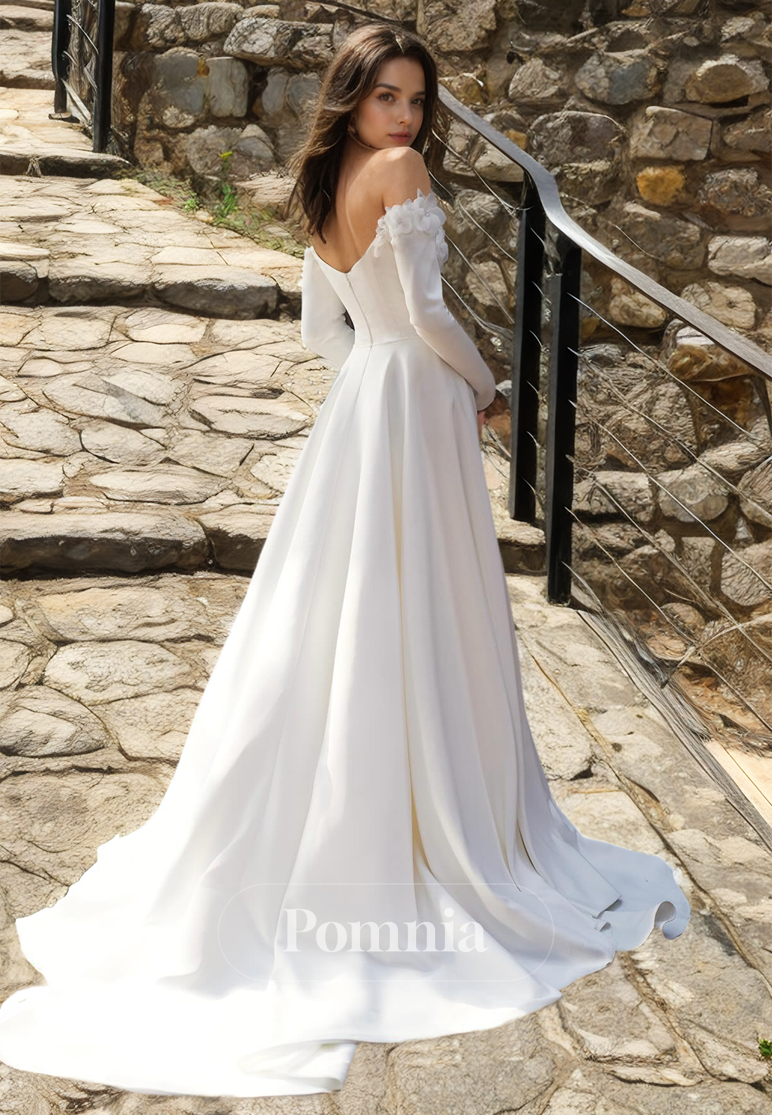 Charming Long Sleeves Off-Shoulder Court Train Backless Mermaid Satin Wedding Dress