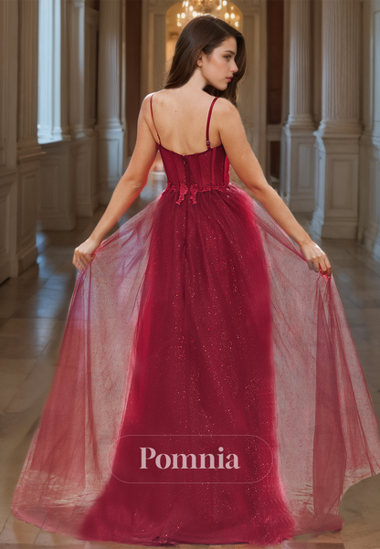 Gorgeous A-Line Spaghetti Straps Burgundy Long Prom Dress with Appliques Party Evening Dress