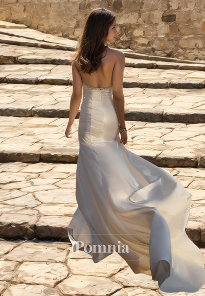 Chic Halter Sleeveless Side Slit Beads Backless Satin Wedding Dress