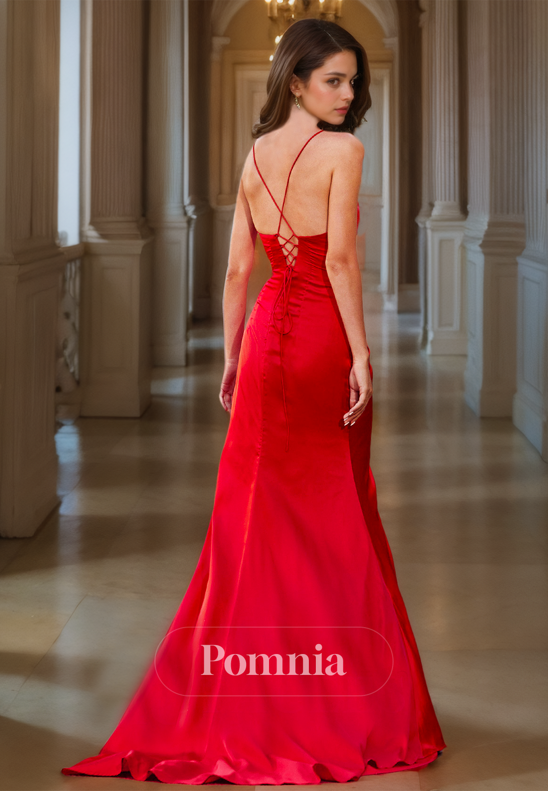 Red Mermaid Spaghetti Straps Formal Evening Dress with Slit Ruched Lace-Up Back Prom Party Dress