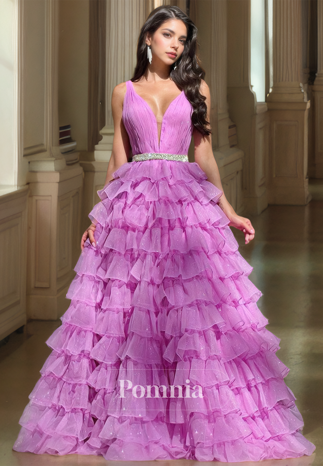 A-Line Spaghetti Straps V-Neck Prom Dress with Ruffles Tiered Evening Party Dress