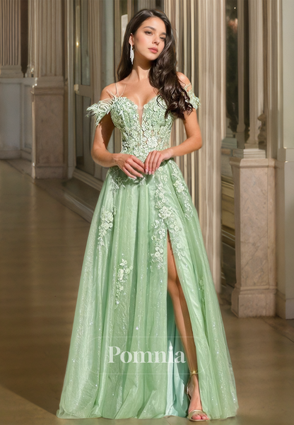 A-Line Off-Shoulder Corset Prom Dress with Slit Floral Appliques Evening Party Dress