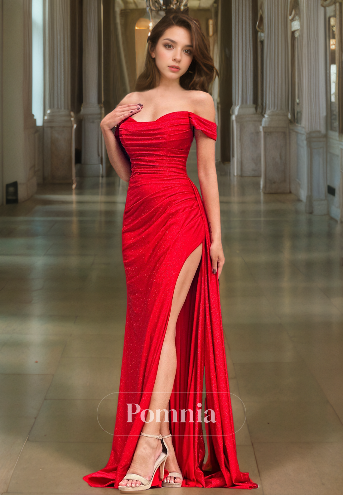 Sexy Red Off-Shoulder Ruched Prom Dress with Slit Evening Party Dress