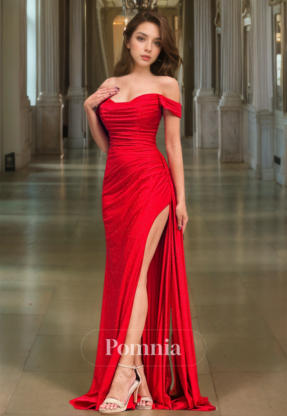 Sexy Red Off-Shoulder Ruched Prom Dress with Slit Evening Party Dress