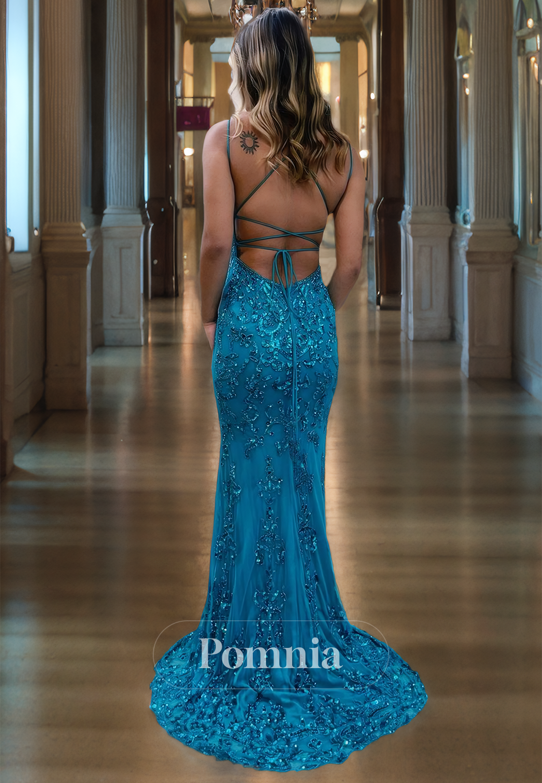 P1273 - Spaghetti Straps V-Neck Appliques Sleeveless Mermaid Prom Party Formal Dress