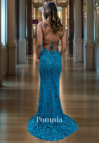 P1273 - Spaghetti Straps V-Neck Appliques Sleeveless Mermaid Prom Party Formal Dress