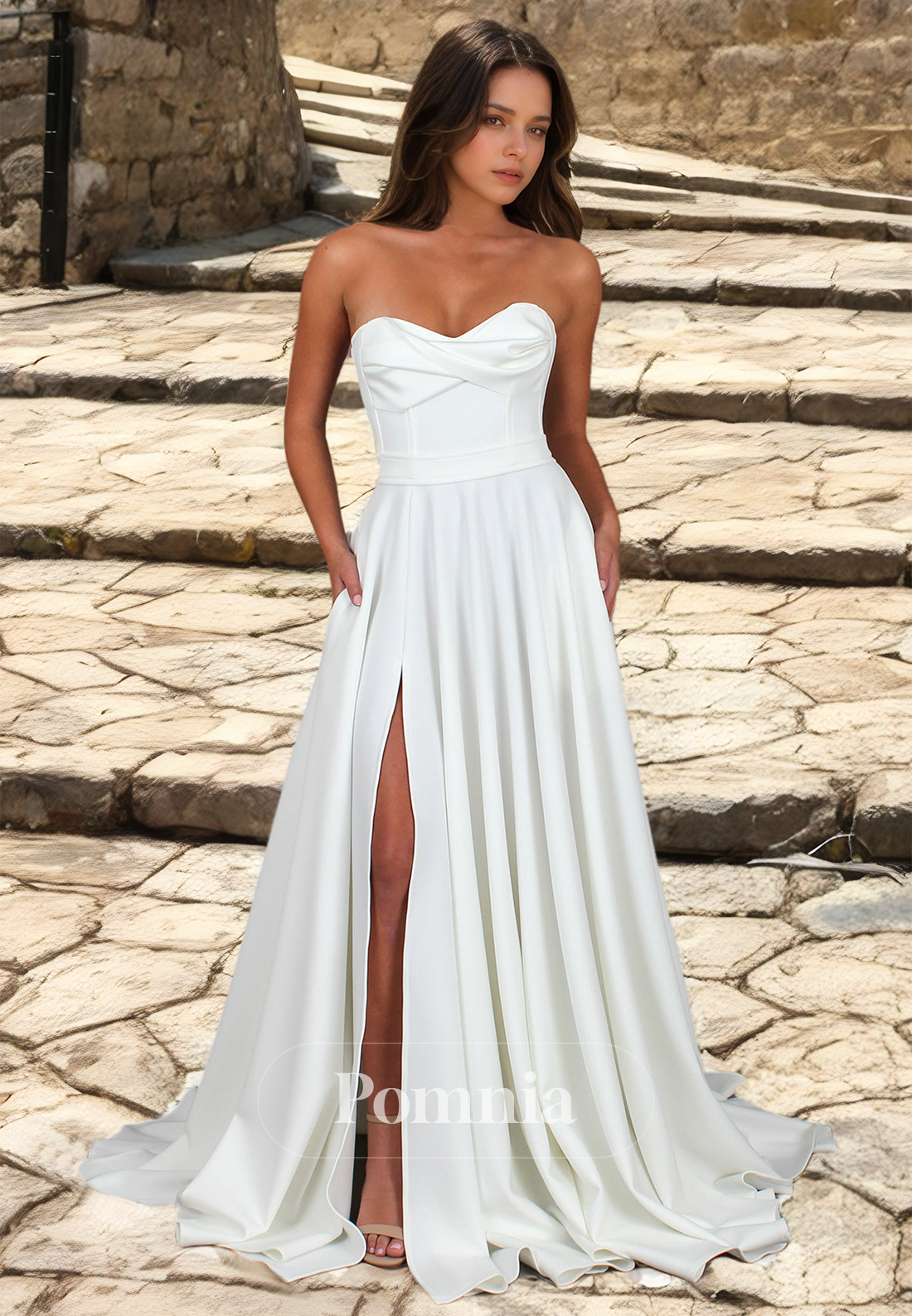 A-Line Strapless Sleeveless Side Slit Ruched Satin Wedding Dress