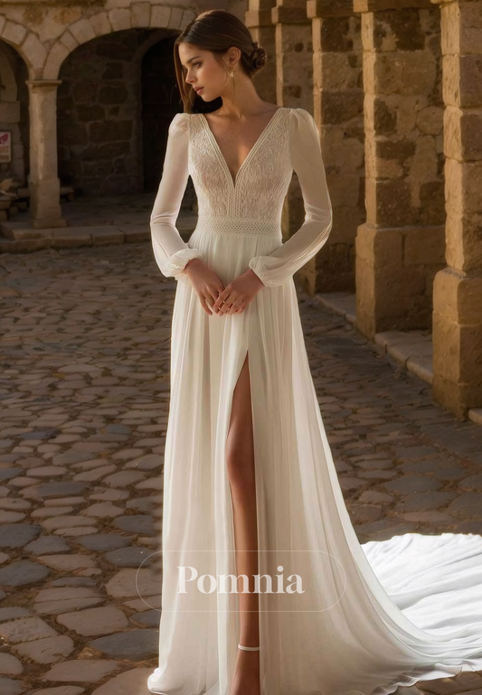 P3172 - Elegant Long Sleeves V-Neck Pleated Long Bohemian Wedding Dress with Slit