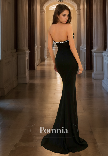 Black Backless Sweetheart Beaded Prom Dress with Train Sleeveless Formal Evening Party