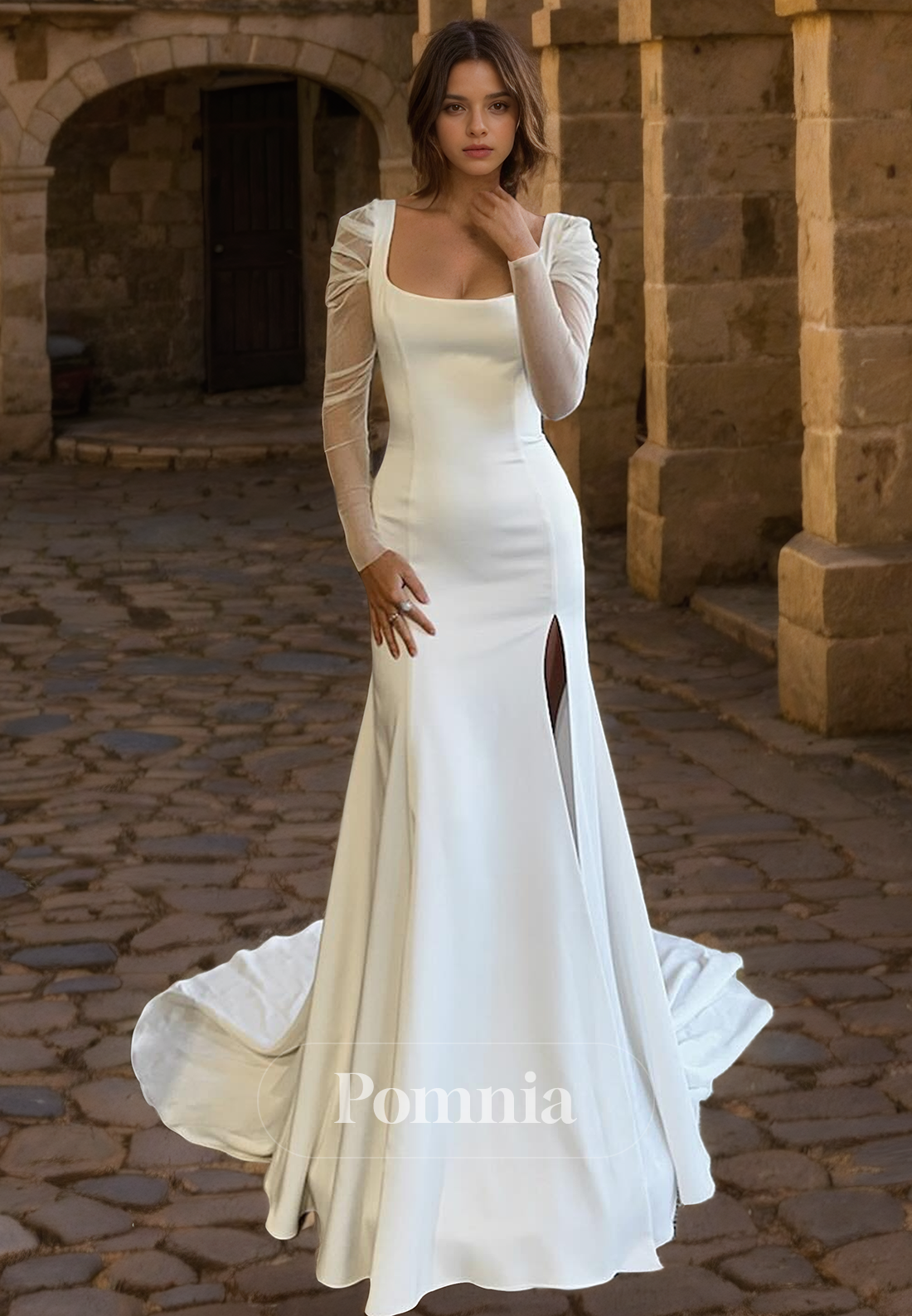 Elegant Square Long Sleeves Mermaid/Trumpet Satin Long Beach Wedding Dress