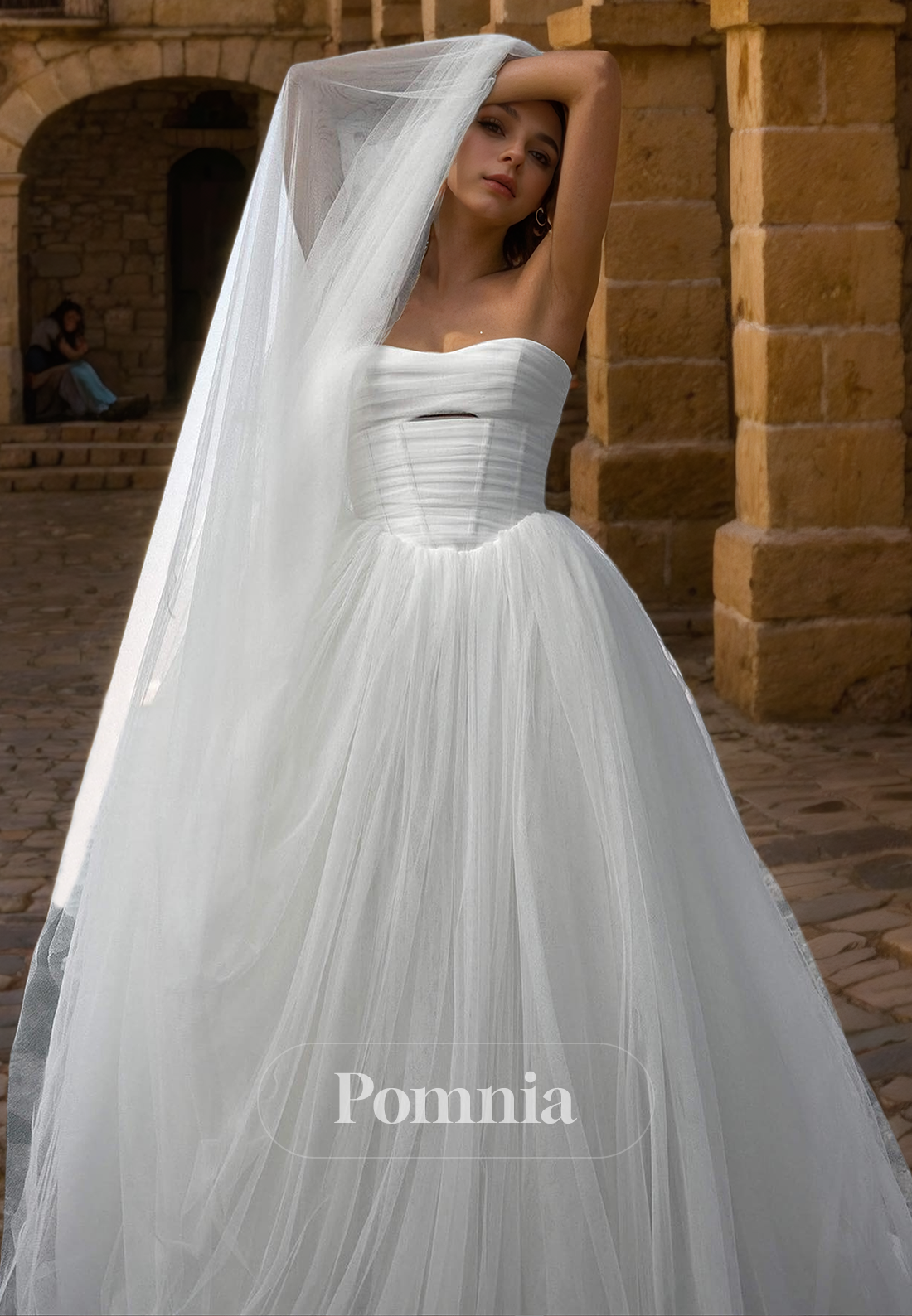 A-Line Strapless Empire-Waist Sleeveless Tulle Long Beach Wedding Dress