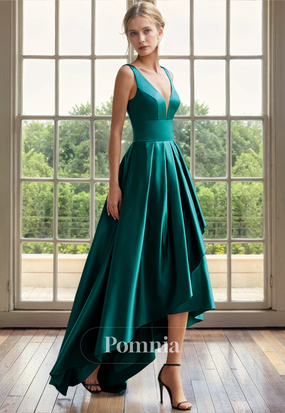 A-Line V-Neck Sleeveless Empire-Waist Satin Long Evening Formal Dress