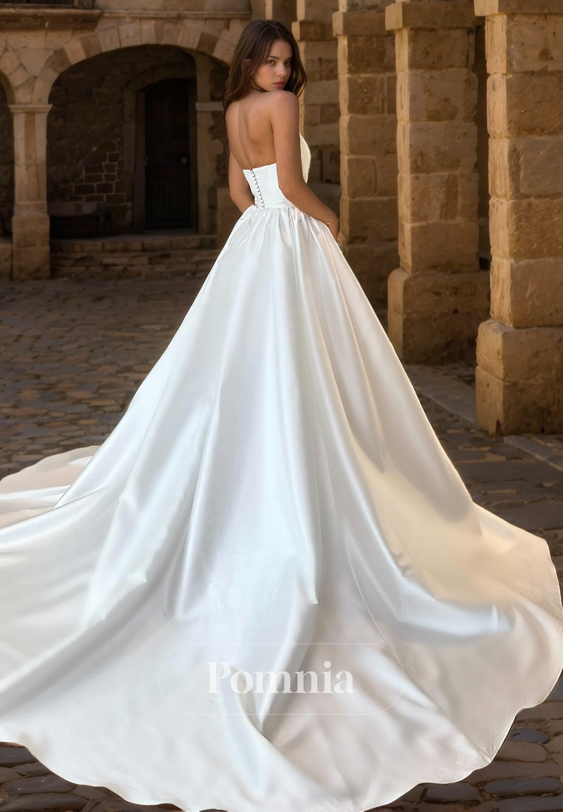 A-Line Strapless Scoop Empire-Waist Sleeveless Satin Long Beach Wedding Dress