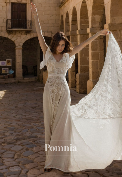 A-Line Empire-Waist V-Neck Half Sleeves Lace Appliques Long Boho Wedding Dress