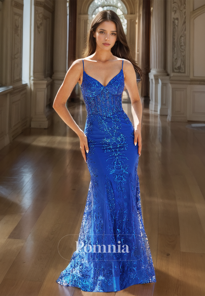 Royal Blue Spaghetti Straps Prom Dress with Beads Corset Tulle Evening Party Dress