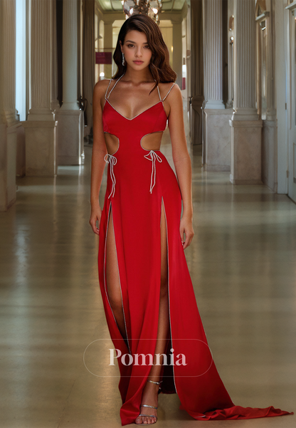 Red Spaghetti Straps Illusion Corset Prom Dress with Slit Evening Party Dress