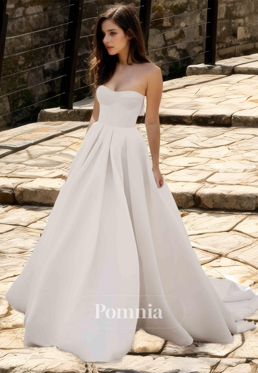 Simple A-Line Strapless Sleeveless Empire-Waist Satin Wedding Dress