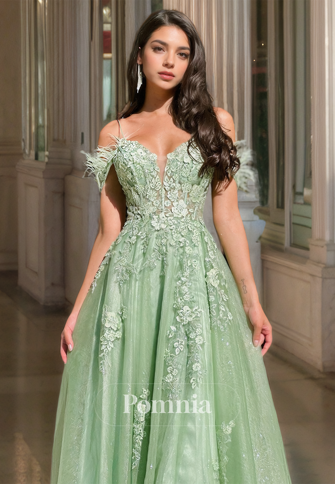 A-Line Off-Shoulder Corset Prom Dress with Slit Floral Appliques Evening Party Dress