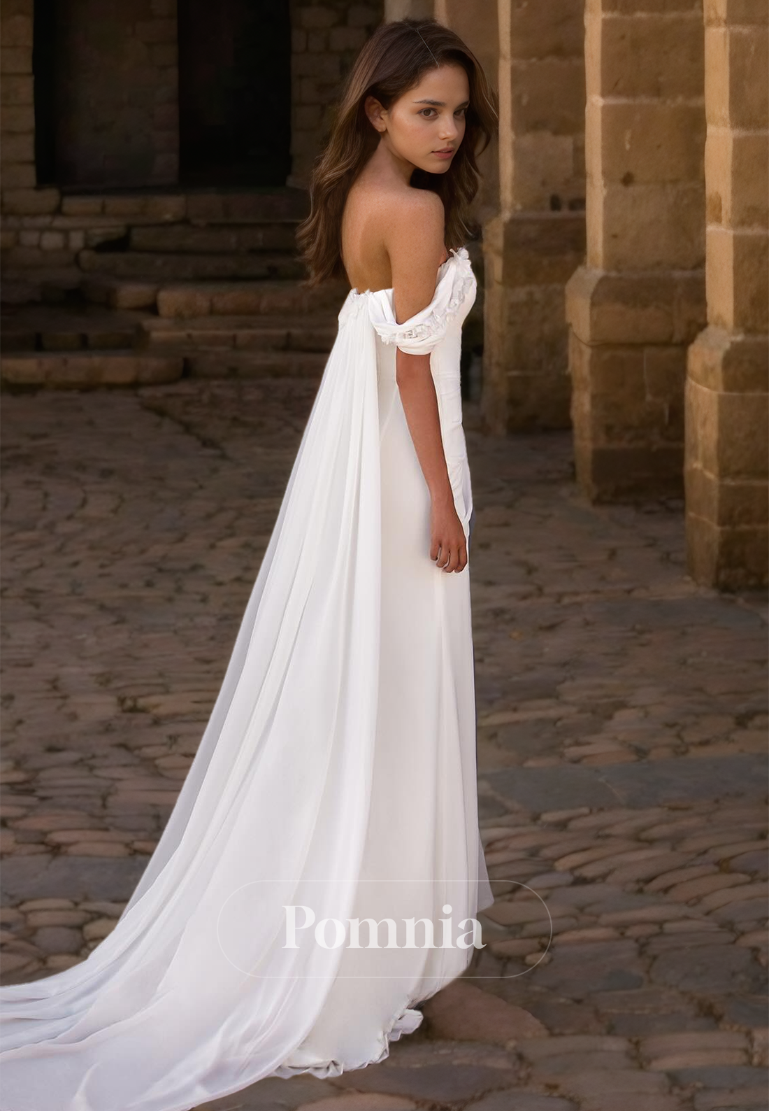 Simple Off-Shoulder Side Slit Sweep Train Ruched Satin Wedding dress