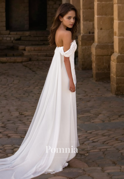 Simple Off-Shoulder Side Slit Sweep Train Ruched Satin Wedding dress