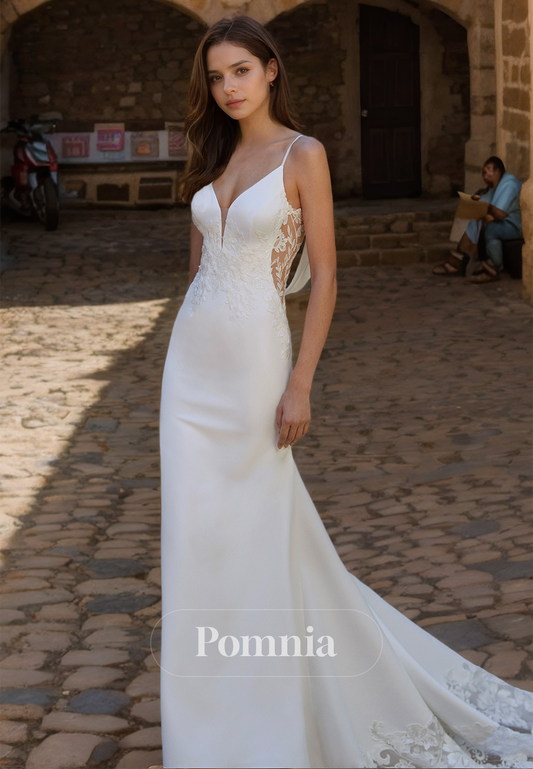 Classic Spaghetti Straps V-Neck Backless Court Train Satin Wedding Dress