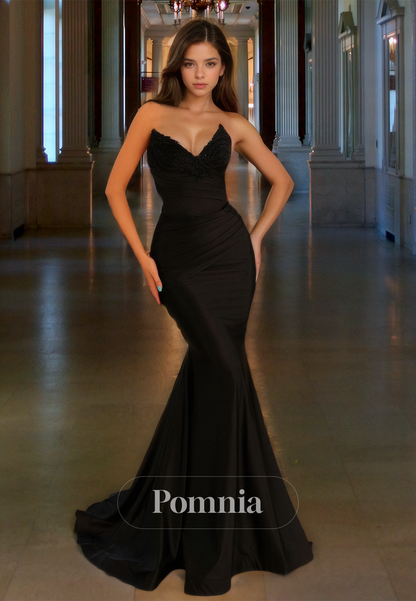 Deep V-Neck Sleeveless Mermaid Evening Dress with Beads Ruched Prom Party Dress