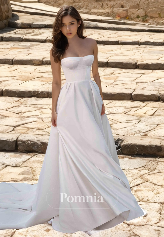 A-Line Strapless Sleeveless Empire-Waist Lace-Up Back Satin Wedding Dress