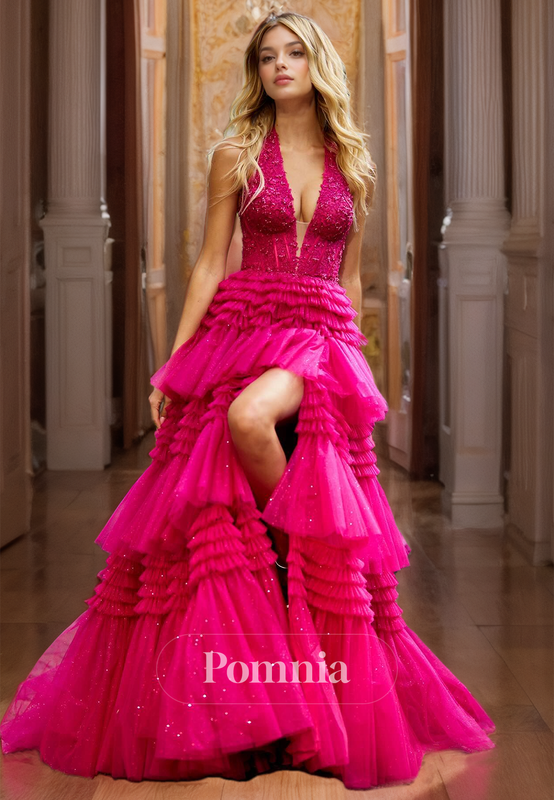 A-Line Halter V-Neck Slit Prom Dress with Appliques Ruffles Tiered Fuchsia Party Dress