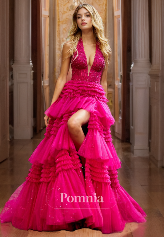 A-Line Halter V-Neck Slit Prom Dress with Appliques Ruffles Tiered Fuchsia Party Dress