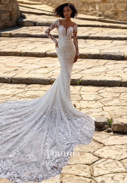 Glamorous Long Sleeves Scoop Backless Floral Appliques Lace Wedding Dress