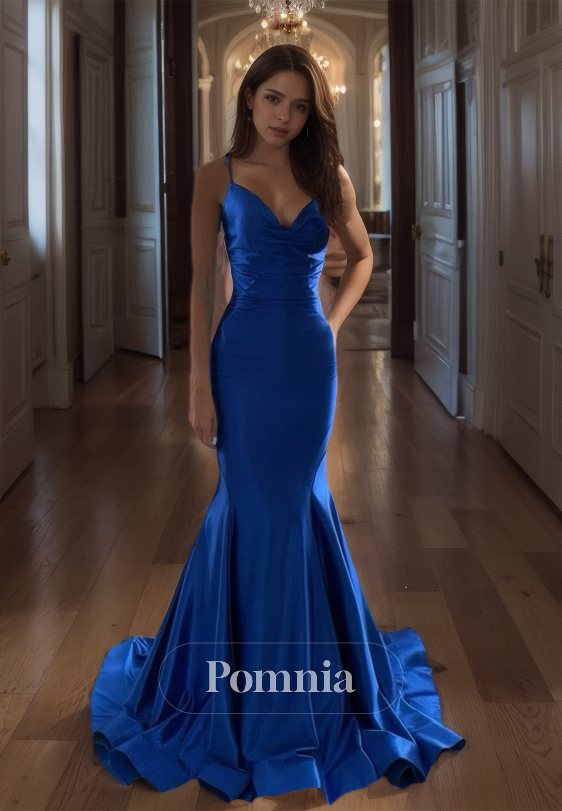 Royal Blue Spaghetti Straps Mermaid Prom Dress with Train Ruched Party Evening Dress