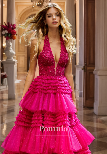 A-Line Halter V-Neck Slit Prom Dress with Appliques Ruffles Tiered Fuchsia Party Dress