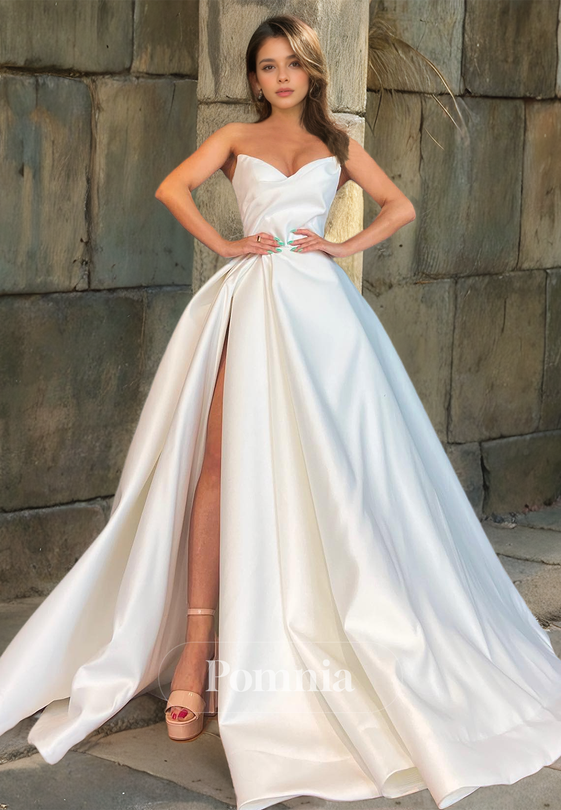 A-Line White V-Neck Prom Dress with Slit Ruched Evening Party Dress