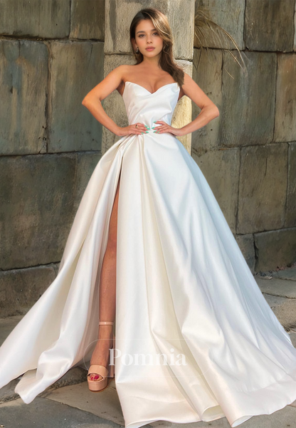 A-Line White V-Neck Prom Dress with Slit Ruched Evening Party Dress