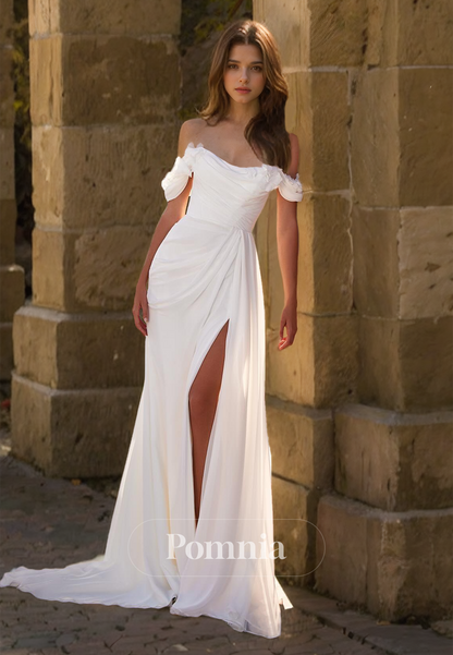 Simple Off-Shoulder Side Slit Sweep Train Ruched Satin Wedding dress