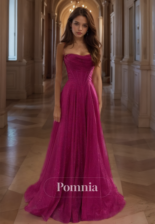 Fuchsia A-Line Spaghetti Straps Prom Dress with Train Appliques Evening Party Dress