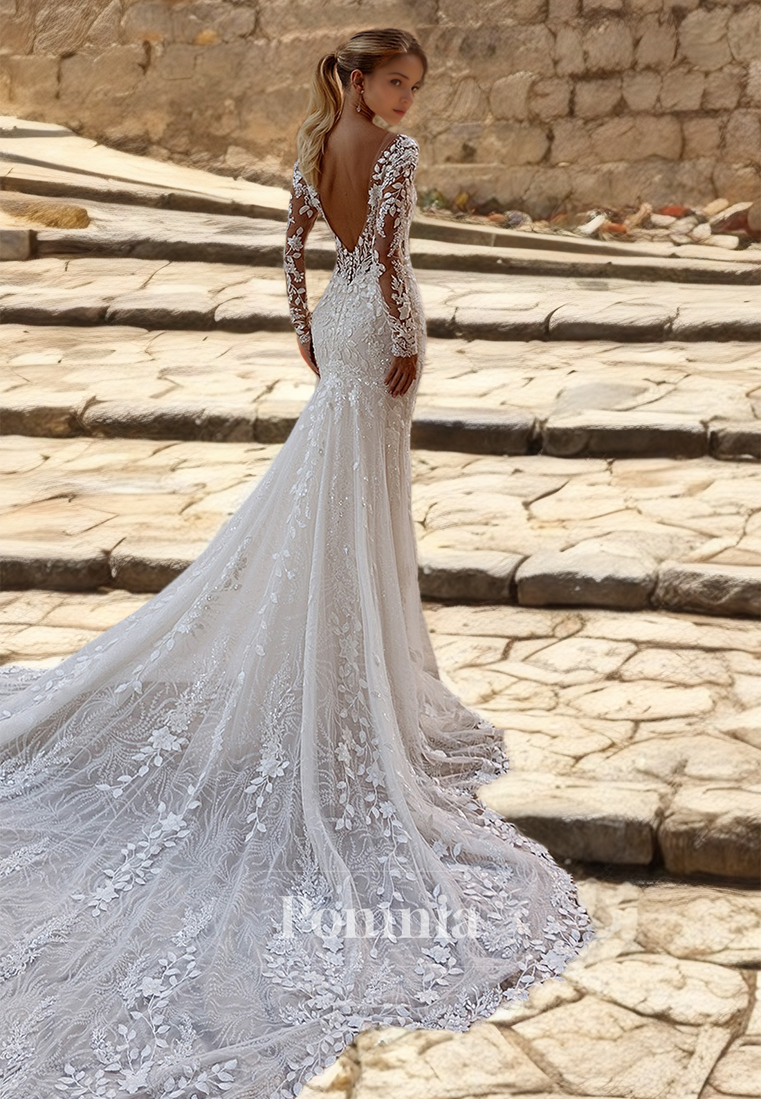 Glamorous Long Sleeves Scoop Backless Floral Appliques Lace Wedding Dress