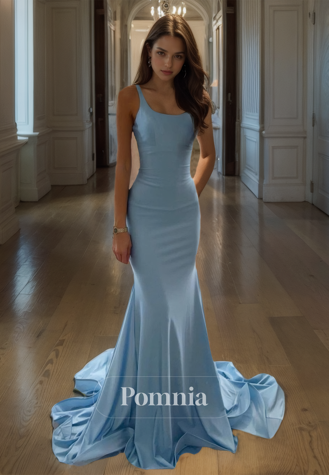 Sky Blue Spaghetti Straps Scoop Evening Dress with Train Mermaid Prom Party Dress