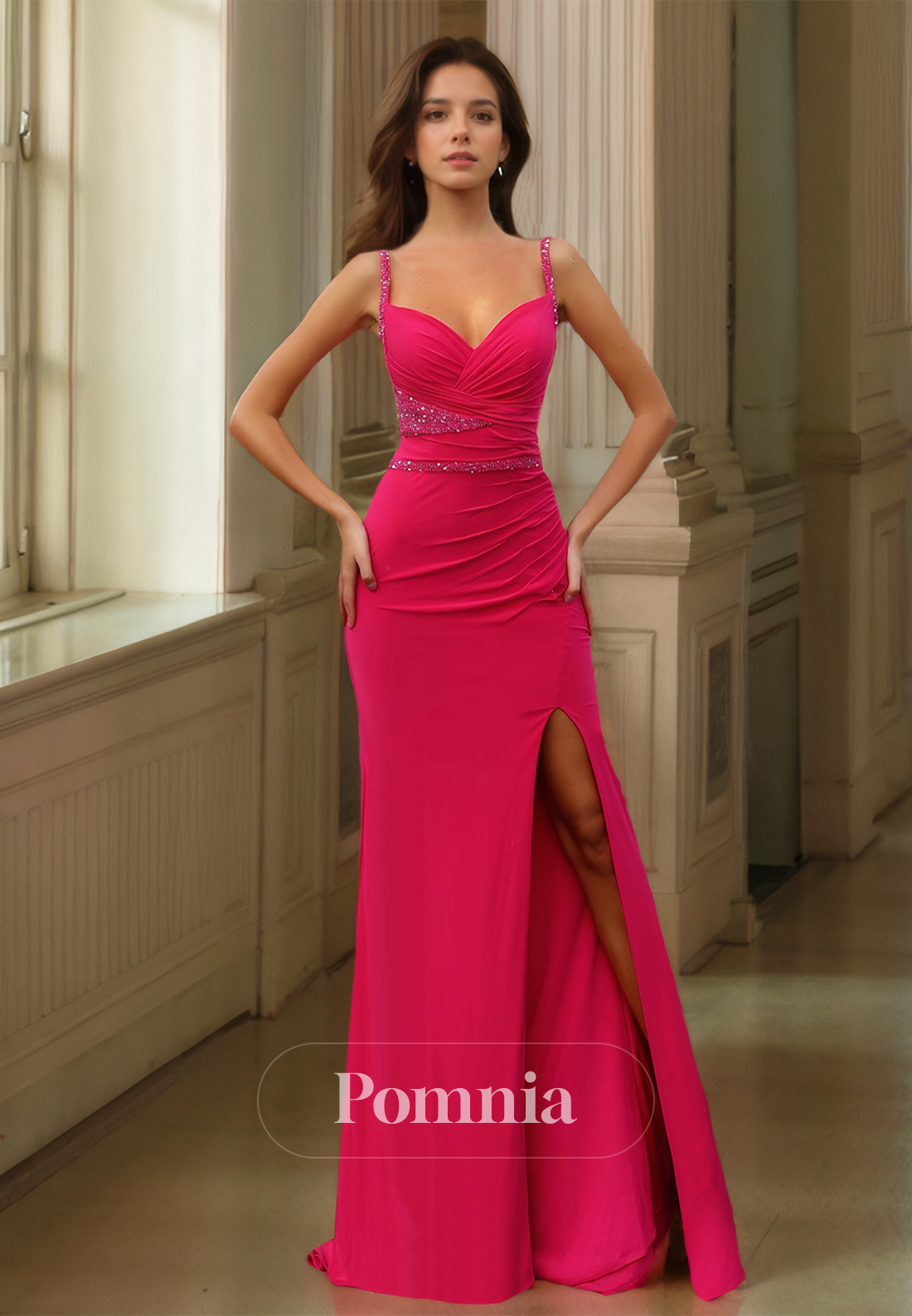 Fuchsia Spaghetti Straps Sweetheart Evening Dress with Slit Empire-Waist Prom Party Dress