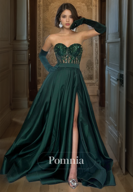 Dark Green A-Line Corset Tulle Sweetheart Evening Dress with Slit Long Prom Party Dress