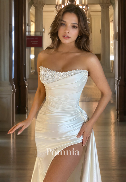 White Strapless Sleeveless Beaded Prom Dress with Slit Ruched Evening Party Dress