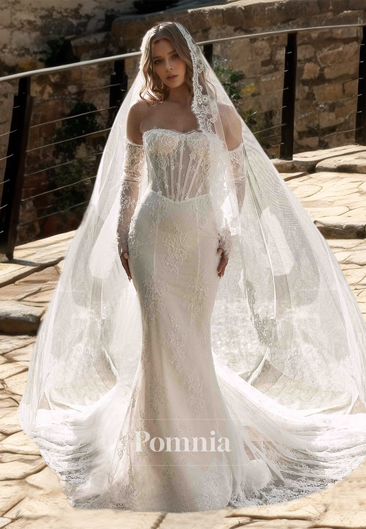 Elegant Appliques Sweep Train Corset Tulle Mermaid Lace Wedding Dress