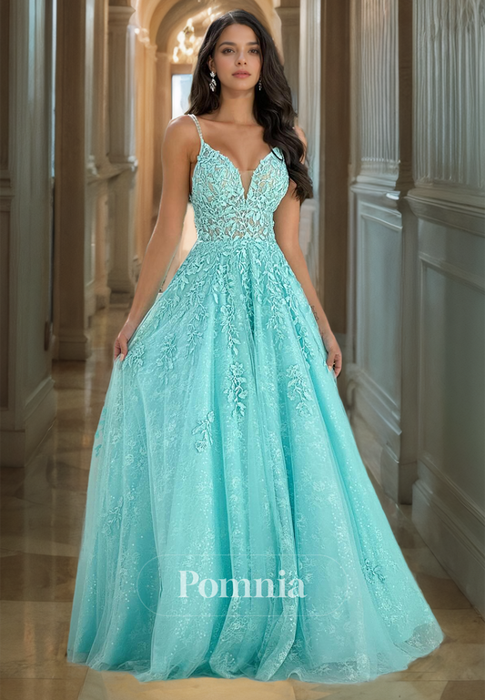 A-Line Spaghetti Straps Tulle Prom Dress with Appliques Lace Wedding Guest Dress