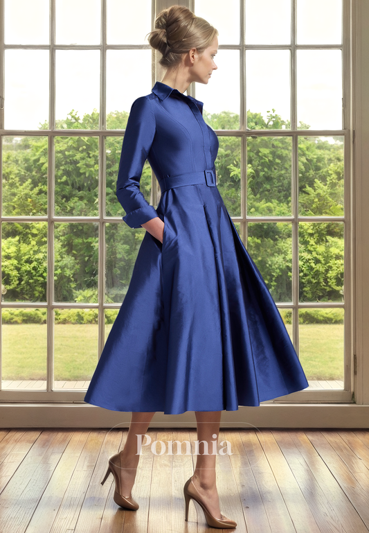 A-Line Empire-Waist Long Sleeves Satin with Pockets Mother of Bride Dress