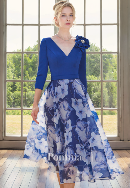 A-Line V-Neck Sleeves Empire-Waist Print Knee-Length Mother of Bride Dress