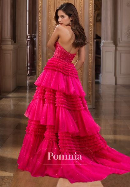 A-Line Halter V-Neck Slit Prom Dress with Appliques Ruffles Tiered Fuchsia Party Dress